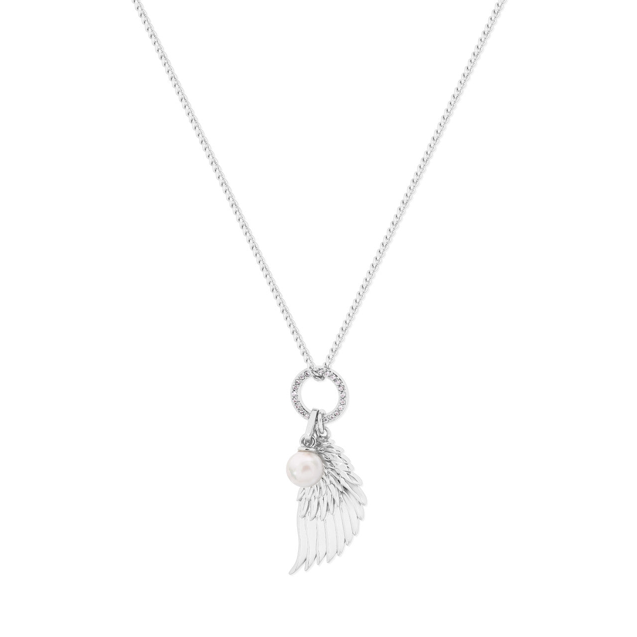Angel Wing Crystal & Pearl Pendant Silver