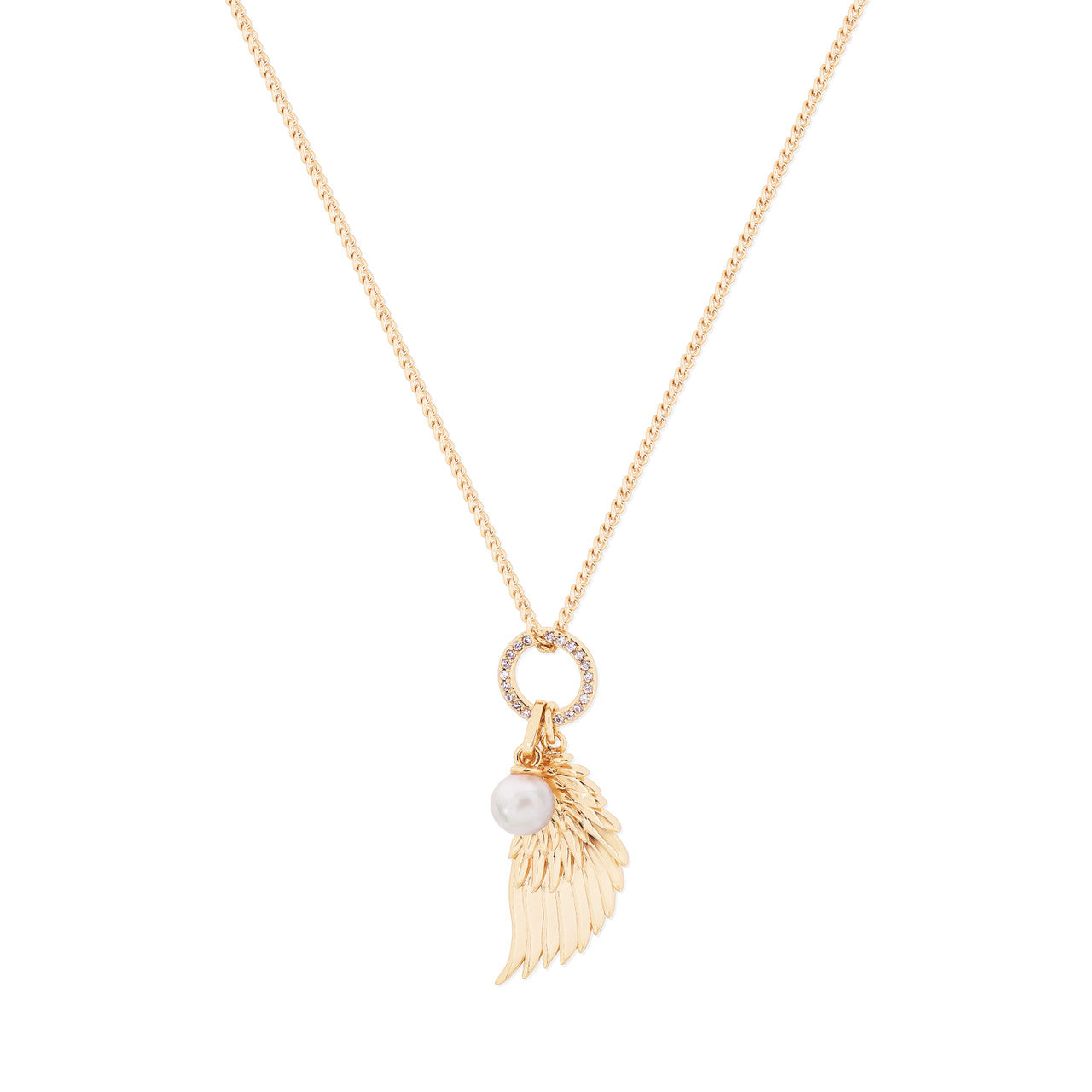 Angel Wing Crystal & Pearl Pendant Gold