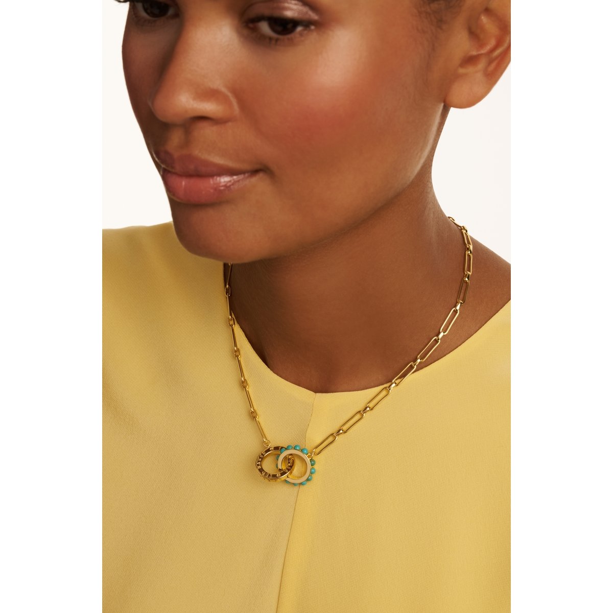 TED BAKER LOLA: Double Logo Link Necklace Gold Tone Blue Pearl