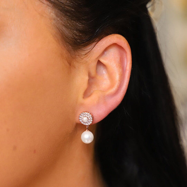 Rose Gold Pave Circle With Drop Pearl Earrings