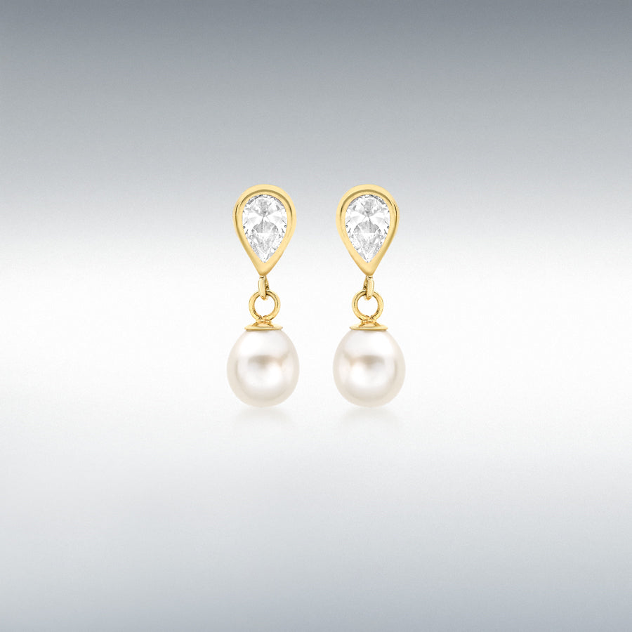 9ct Yellow Gold Freshwater Pearl and CZ Teardrop Earrings