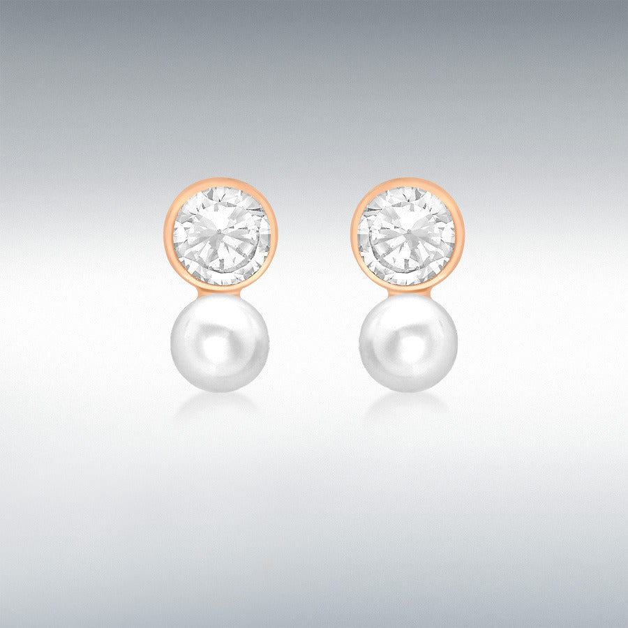 9ct Rose Gold CZ and Freshwater Pearl Drop Earrings