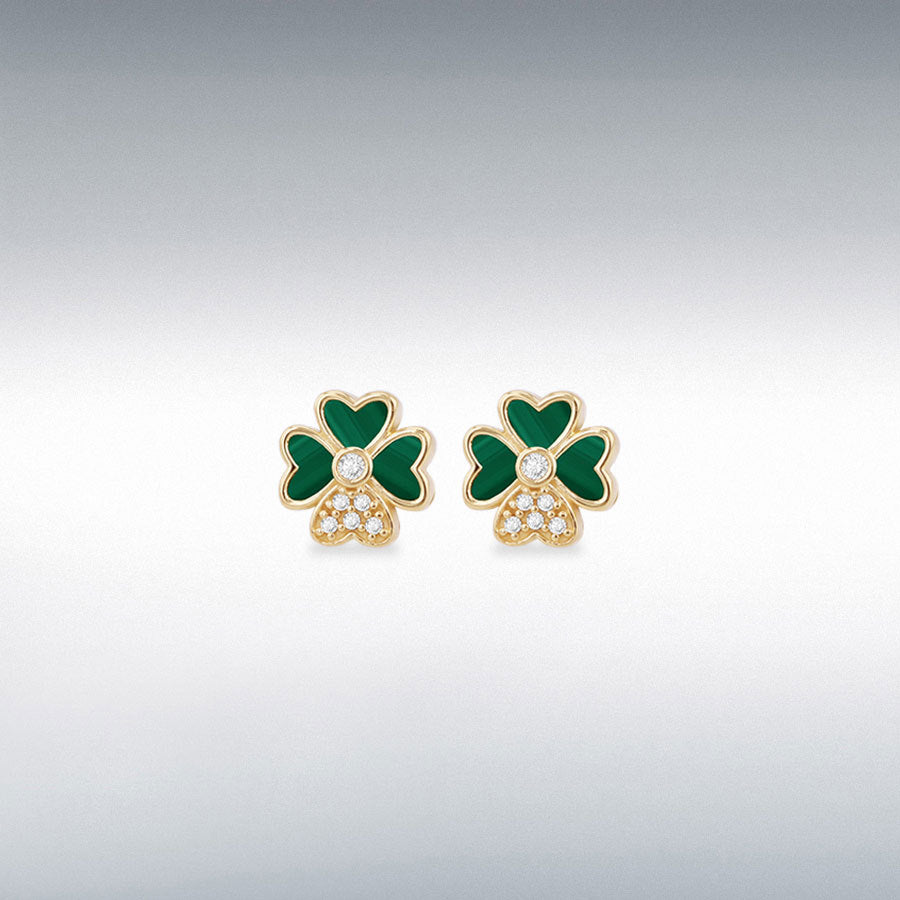 9ct Yellow Gold Synthetic Malachite and CZ Clover Stud Earrings
