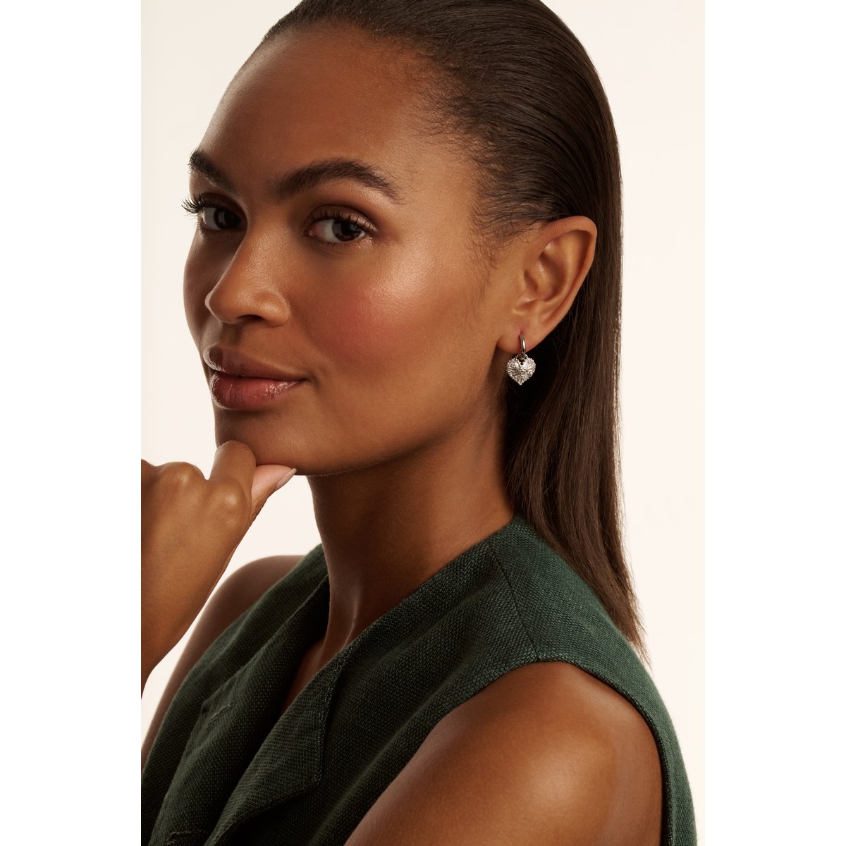 TED BAKER CHERISE: Crystal Cluster Heart Huggie Drop Earrings Silver Tone