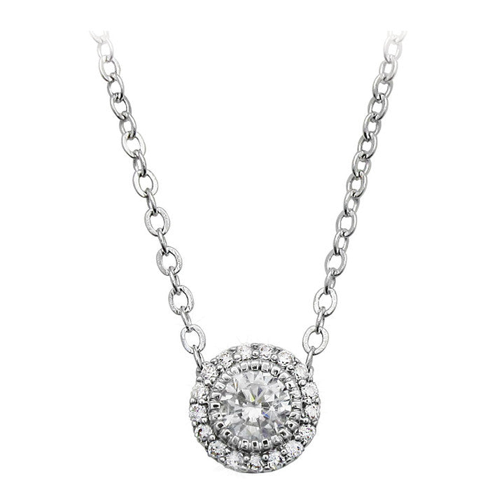 Silver Cz With Pave Surround Pendant Necklace