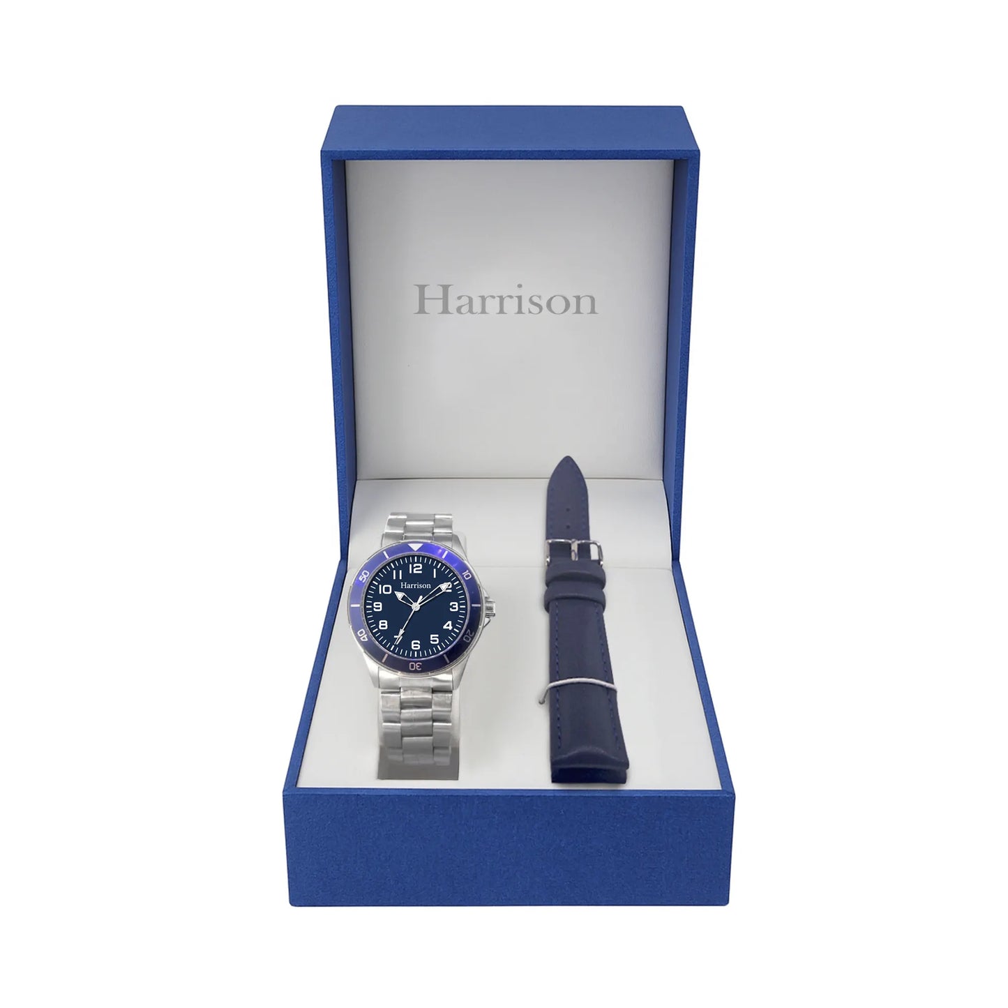 Boys Steel Blue Dial Watch with Navy Leather Strap