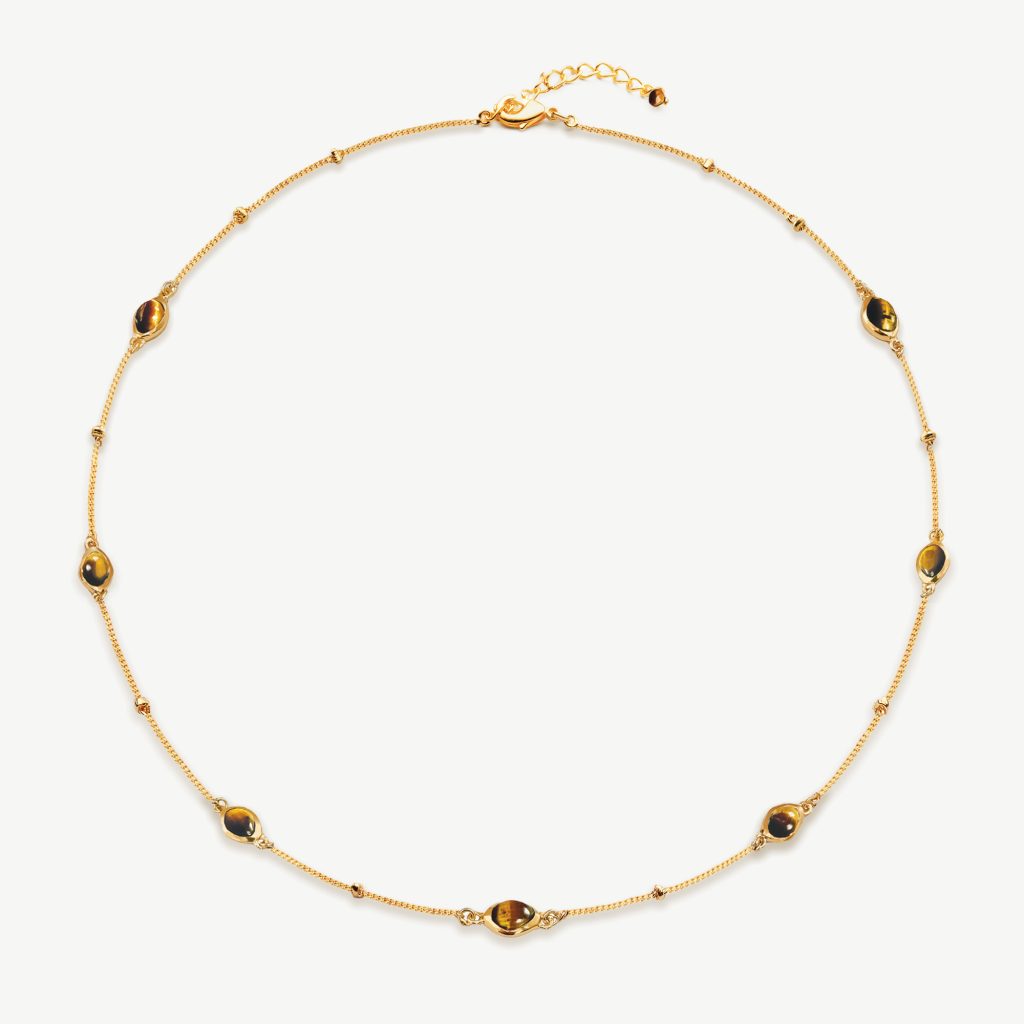 Cinnabar Gemstone Dome Charm Necklace 18ct Gold Plated, Tiger's Eye