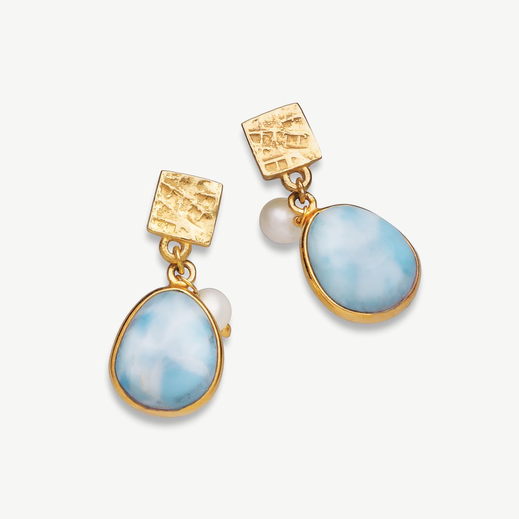 Cool Tides Gemstone Charm Earrings 18ct Gold Plated, Larimar & Pearl