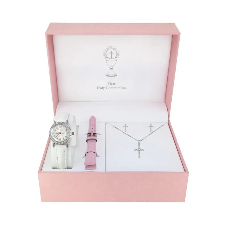 Mother of Pearl Stone Set Communion Watch with CZ Cross and Earring Set