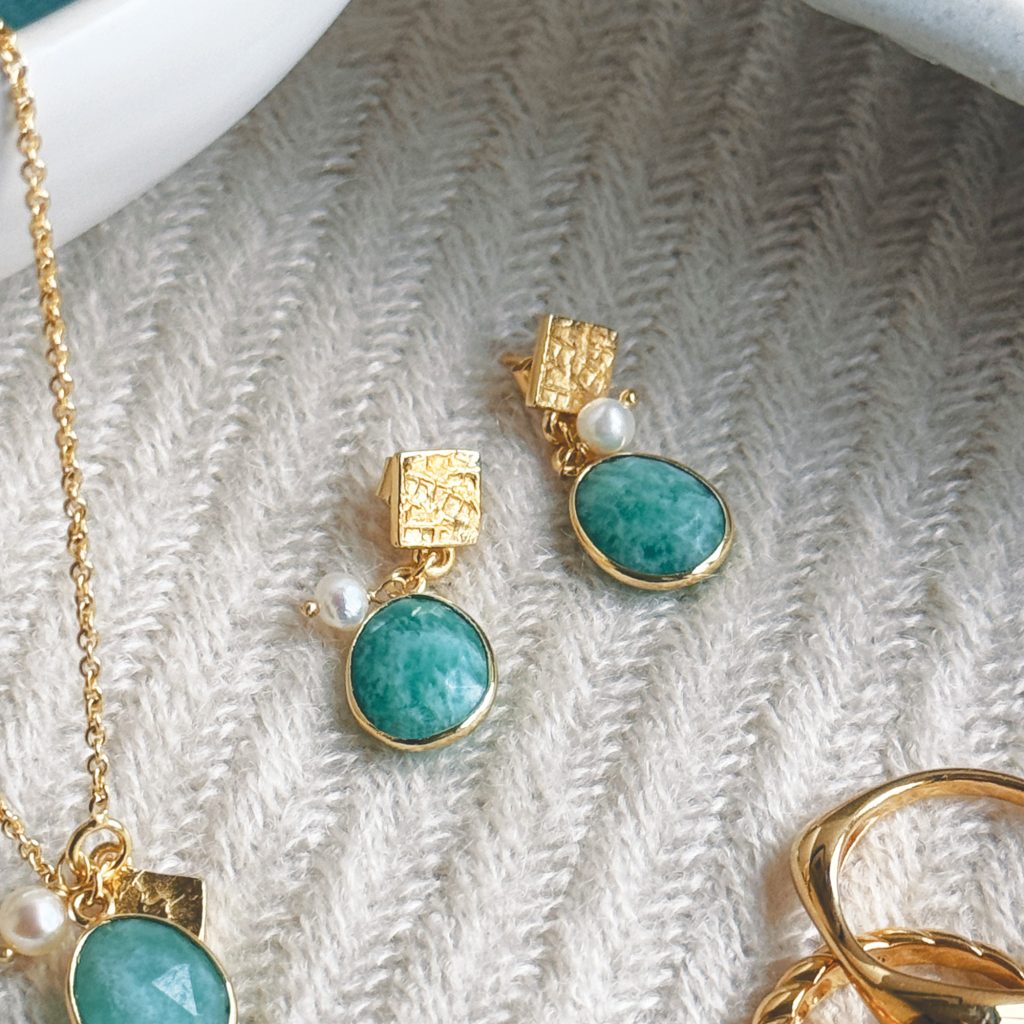 Oceanside Gemstone Charm Earrings 18ct Gold Plated, Amazonite & Pearl