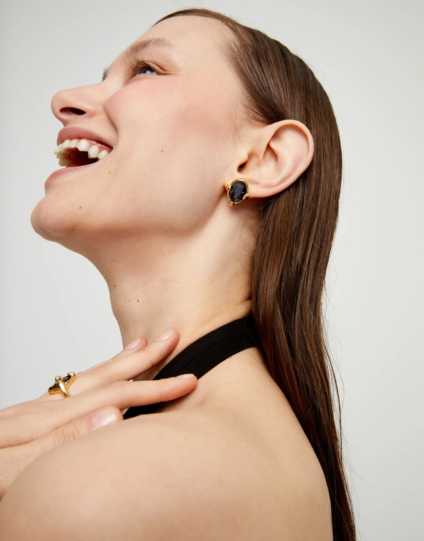 Golden Studs with black oval faceted crystals