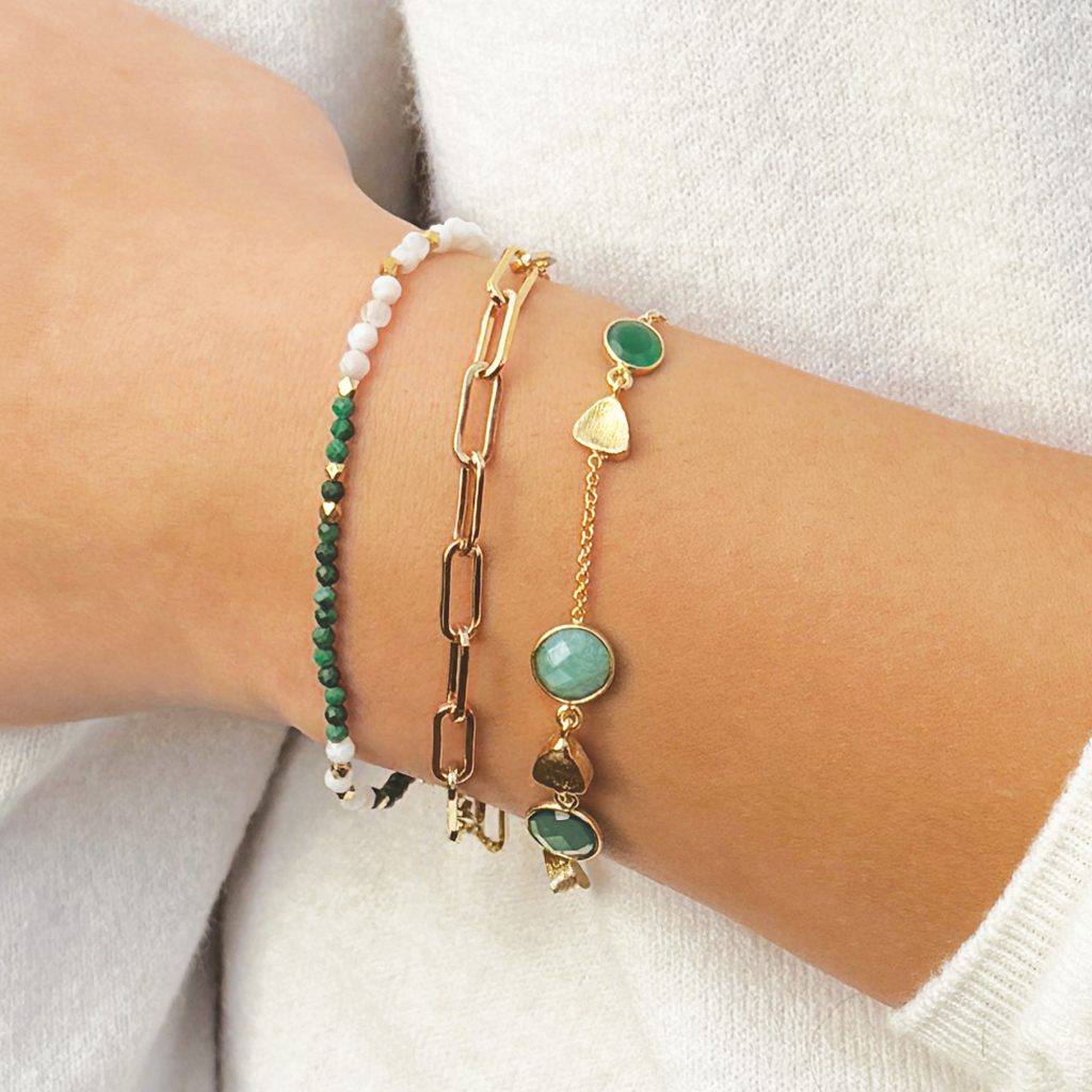 Patina Gemstone Charm Bracelet 18ct Gold Plated, Amazonite & Green Onyx