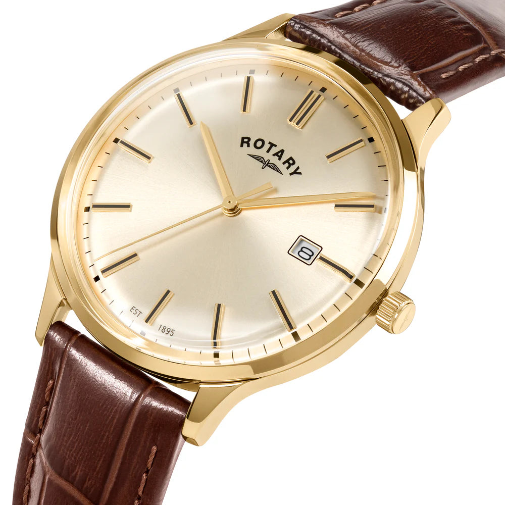 Rotary Men's Gold Brown Strap Champagne Dial