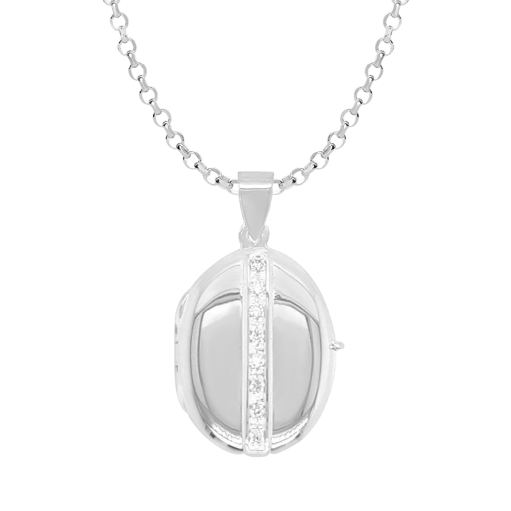 Sterling Silver CZ Oval Photo Locket , Belcher Chain Included
