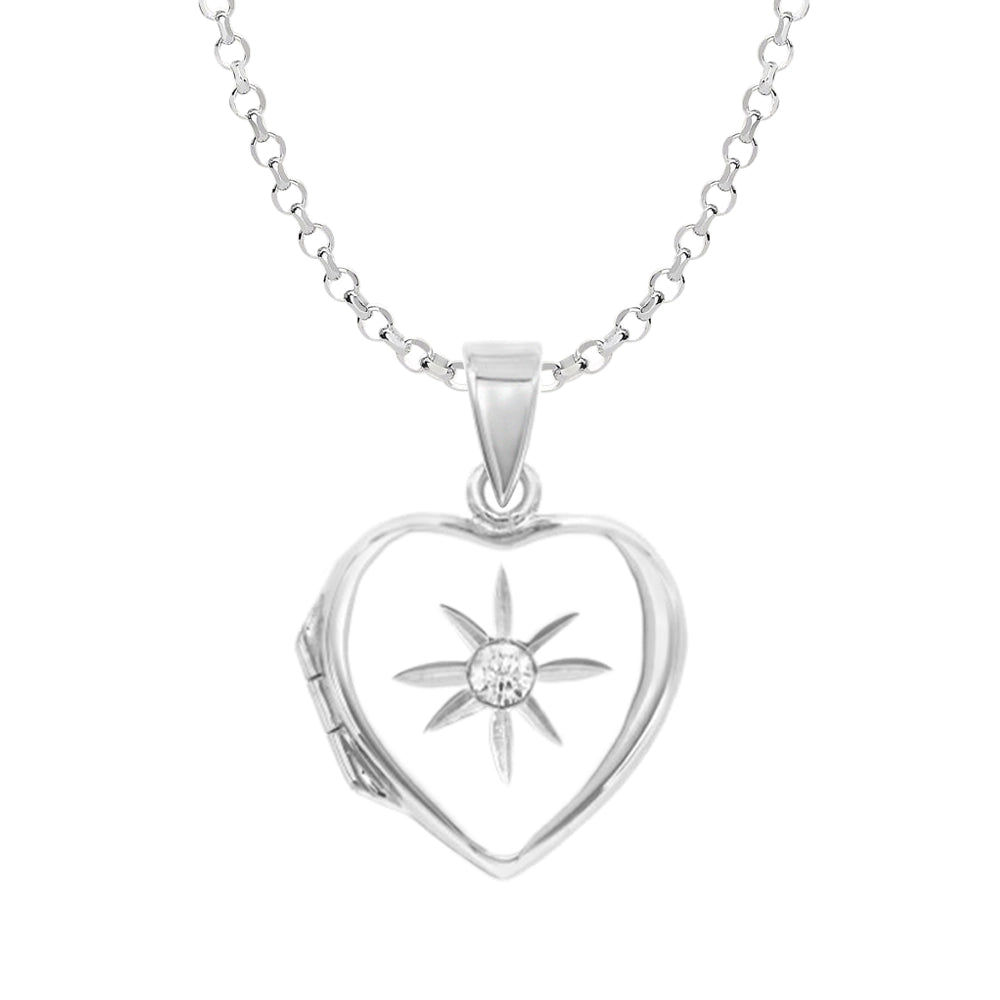 Sterling Silver Heart CZ Locket with Belcher Chain