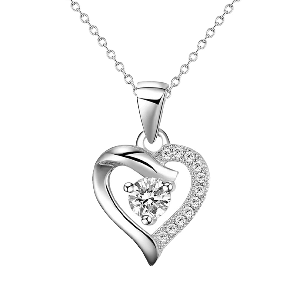 Sterling Silver CZ Half and Half Heart Pendant , Trace Chain Included