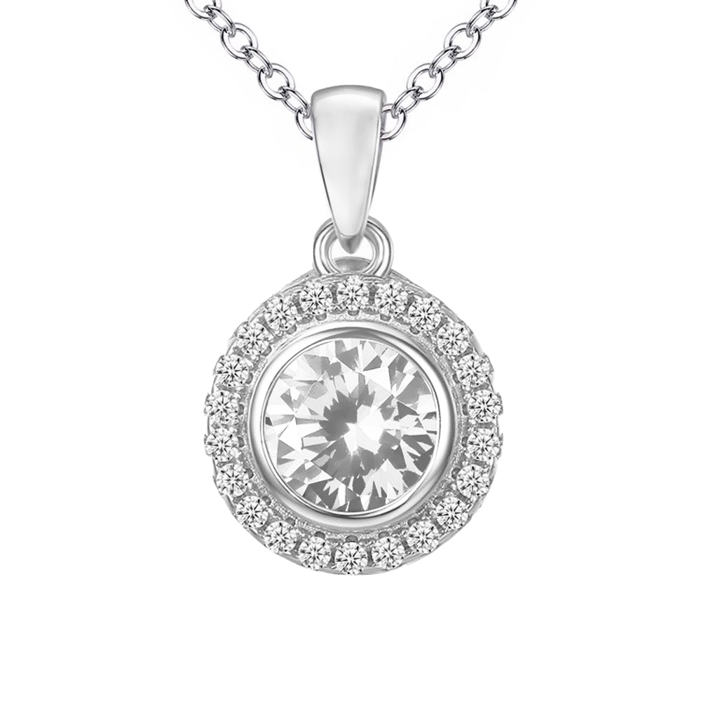 Sterling Silver Round Halo Pendant , Trace Chain Included