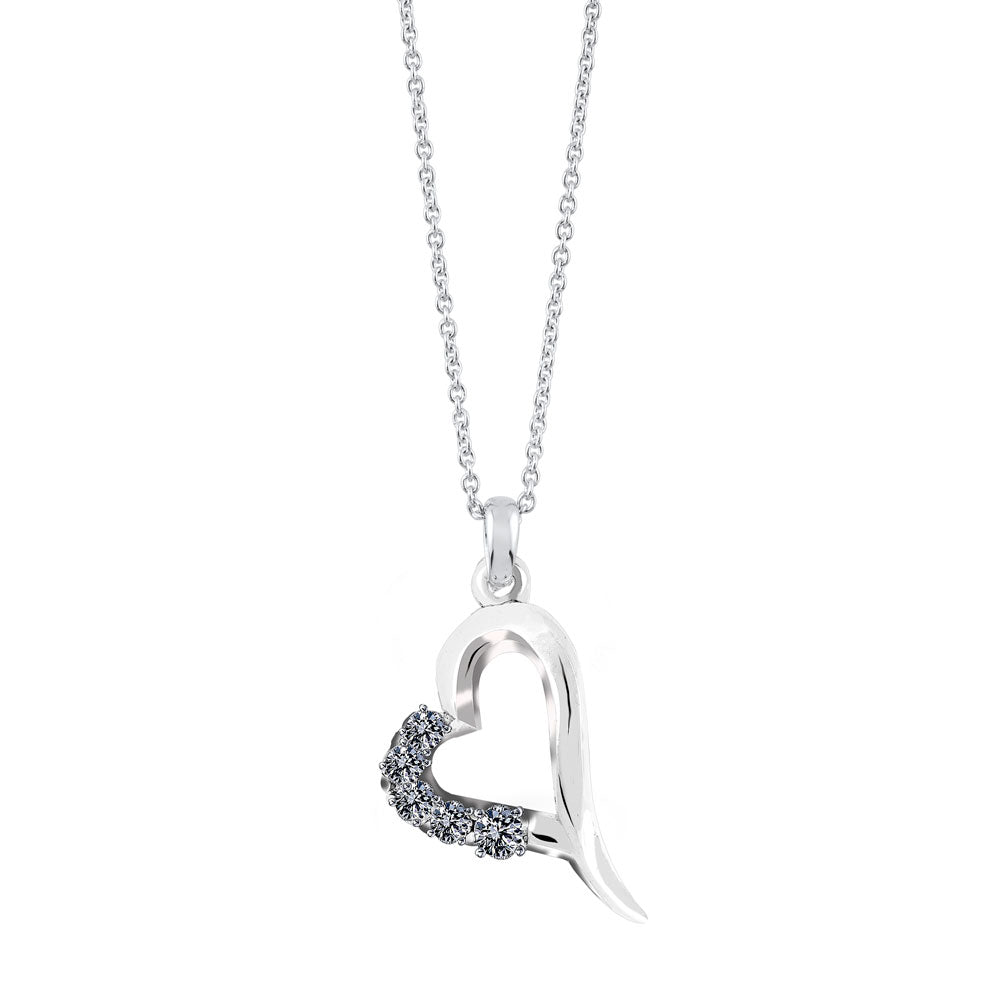 Sterling Silver CZ Half and Half Heart Pendant , Trace Chain Included