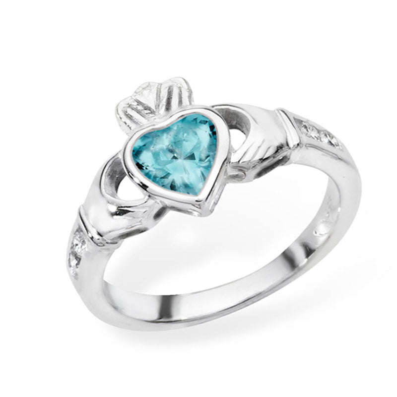 Silver March Birthstone Claddagh Ring