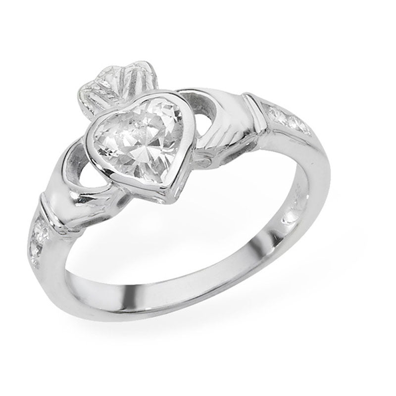 Silver April Birthstone Claddagh Ring