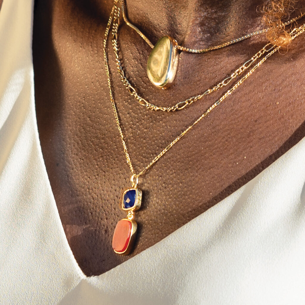 Tokyo Nights Gemstone Pendant Necklace 18ct Gold Plated, Blue Jade & Carnelian