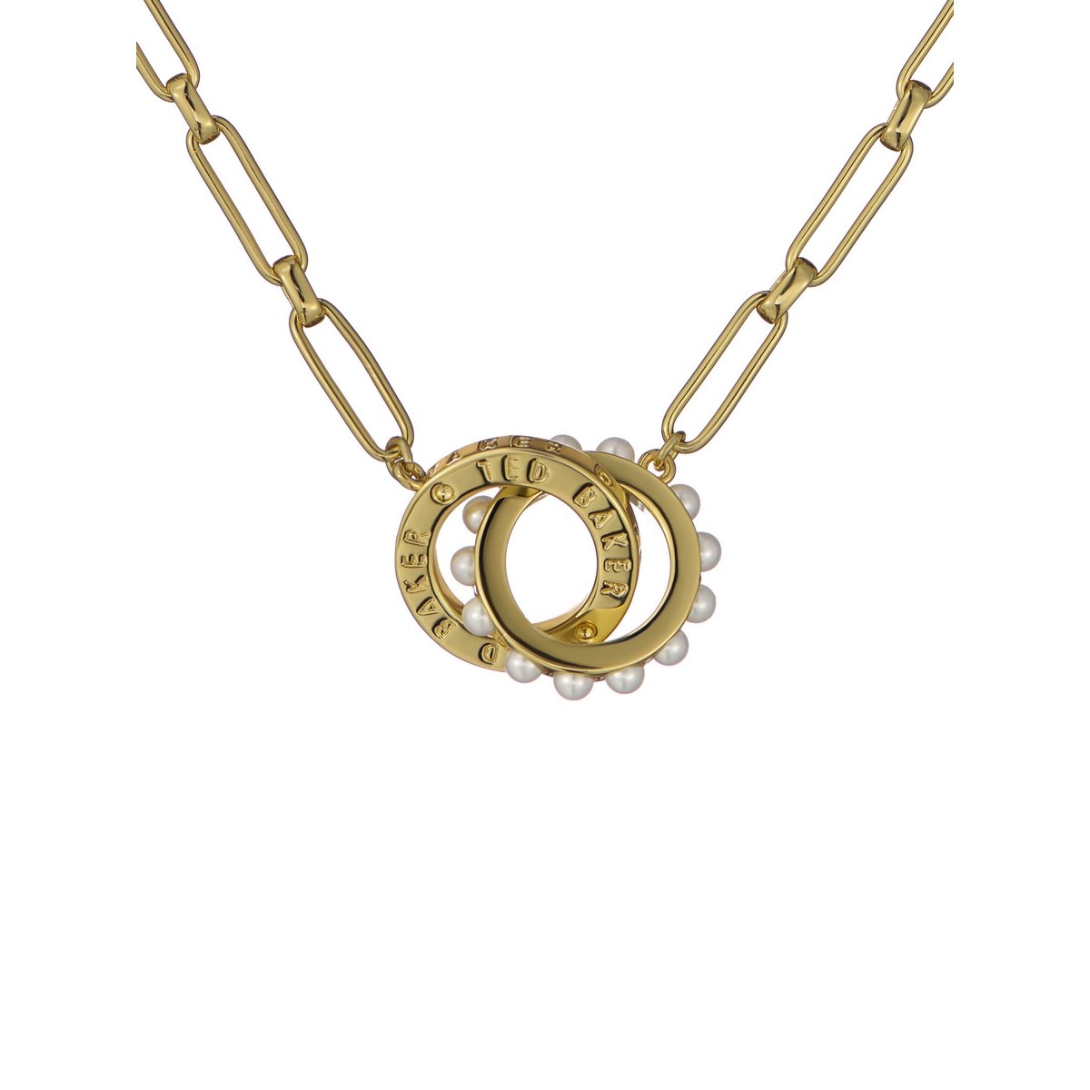 TED BAKER LOLA: Double Logo Link Necklace Gold Tone White Pearl