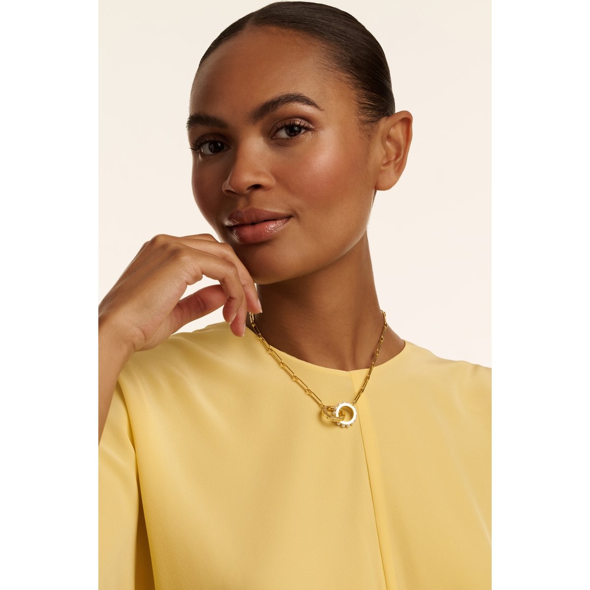 TED BAKER LOLA: Double Logo Link Necklace Gold Tone White Pearl