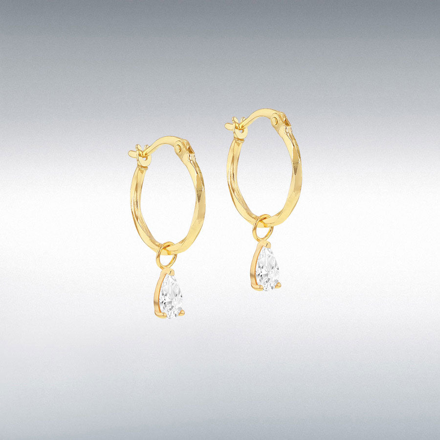 9ct Yellow Gold Pear CZ Diamond Cut Creole Hoop Earring