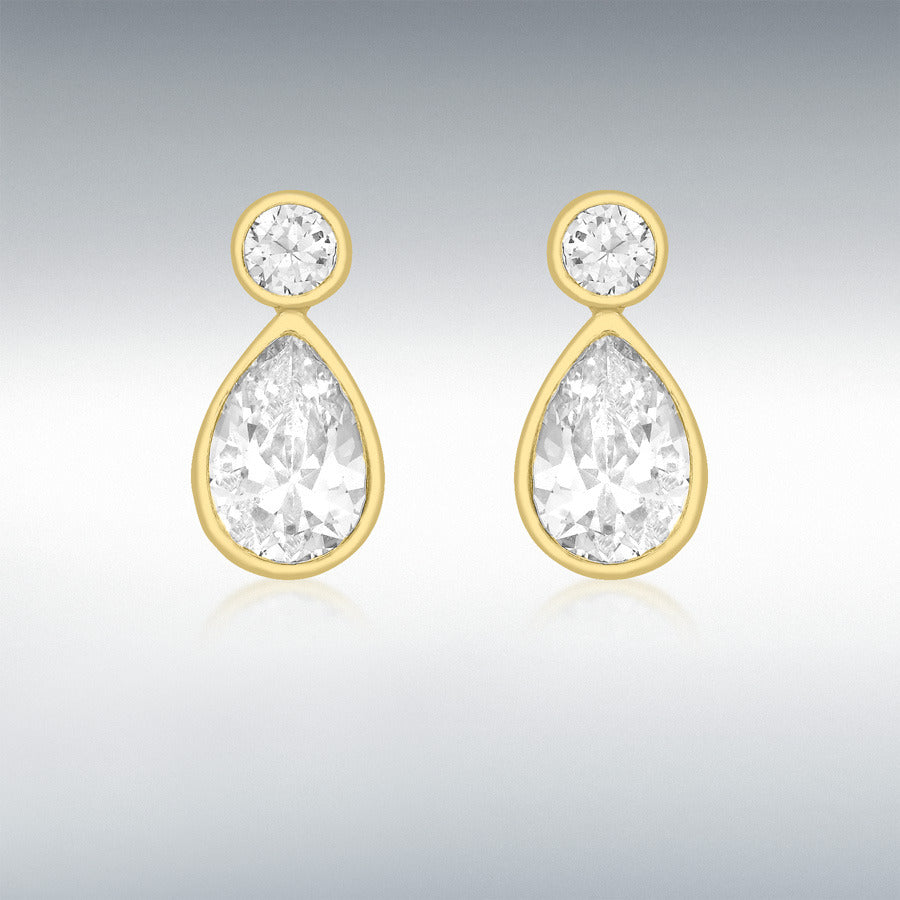 9ct Yellow Gold Round CZ and Teardrop CZ Stud Earrings