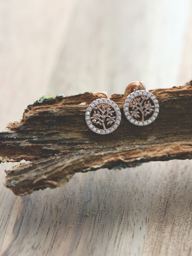 Rose Gold/Cz Tree of life Circle Stud Earrings
