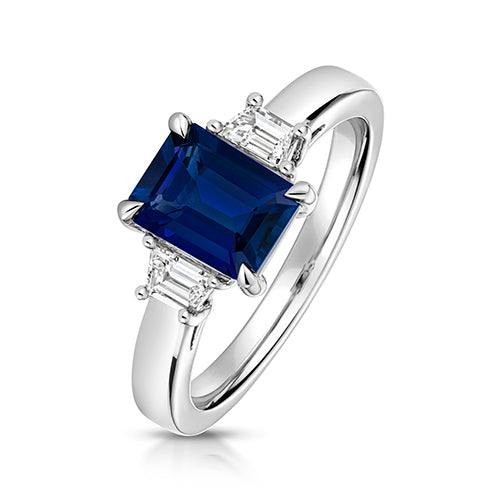 LAB GROWN EMERALD CUT SAPPHIRE AND BAGUETTE DIAMOND RING