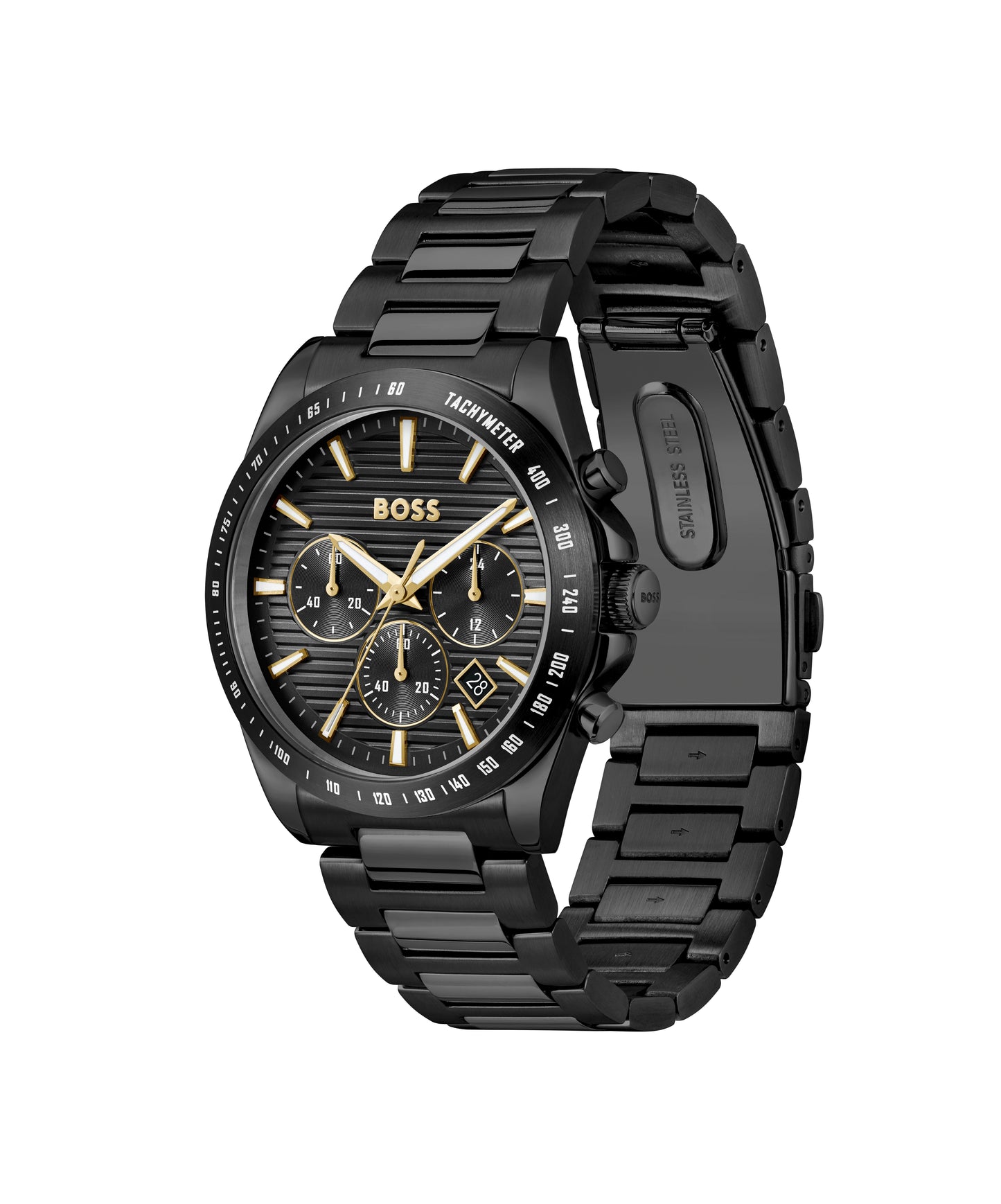 Boss Gents Black Chronograph Watch with Gold Accents