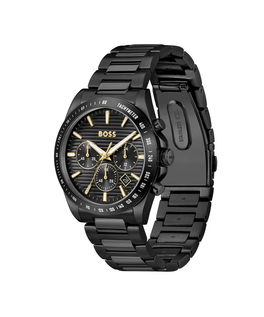 Boss Gents Black Chronograph Watch with Gold Accents