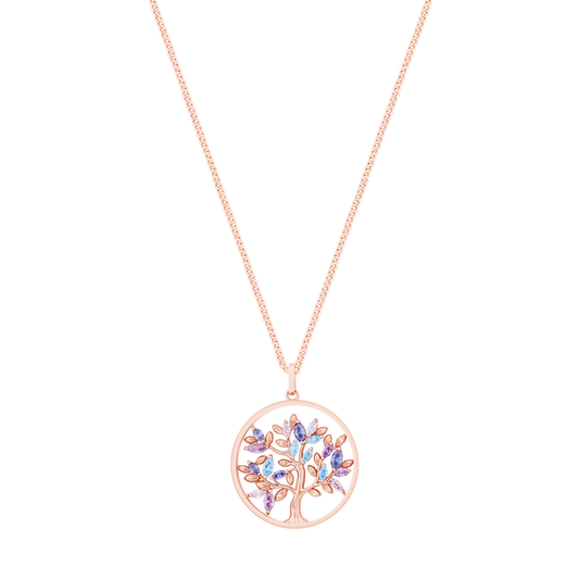 Tree Of Life Circle Blue Marquise Rose Gold Pendant