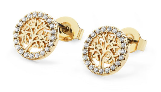 GOLD TREE OF LIFE IN CZ CIRCLE STUD EARRINGS