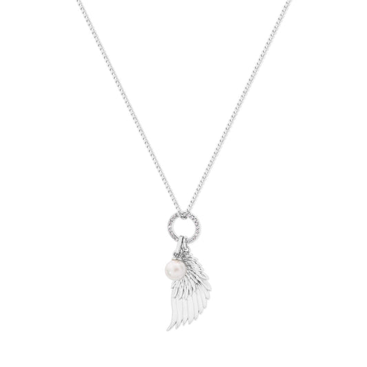 Angel Wing Crystal & Pearl Pendant Silver
