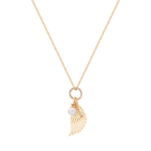 Angel Wing Crystal & Pearl Pendant Gold