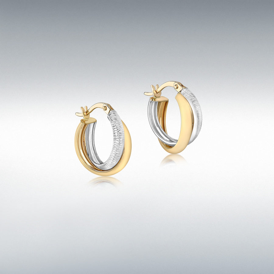 9ct 2-Colour Gold Diamond Cut and Plain Band Crossover Creole Earrings