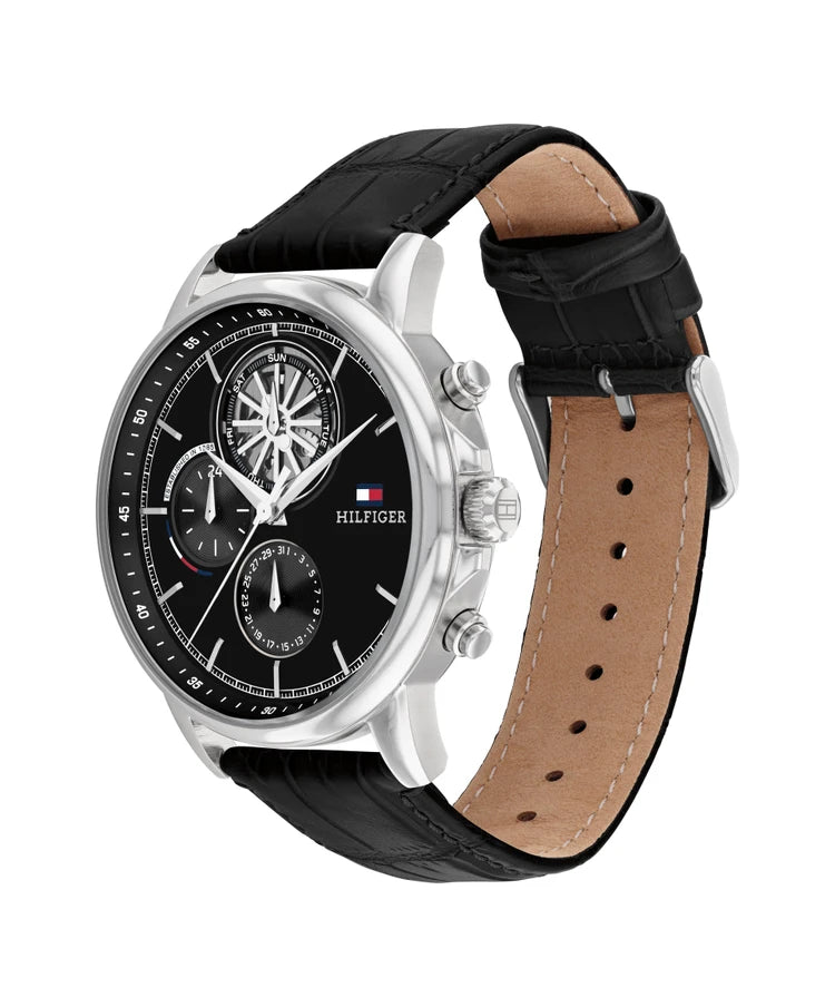 Hilfiger Black Leather Strap Chronograph Watch