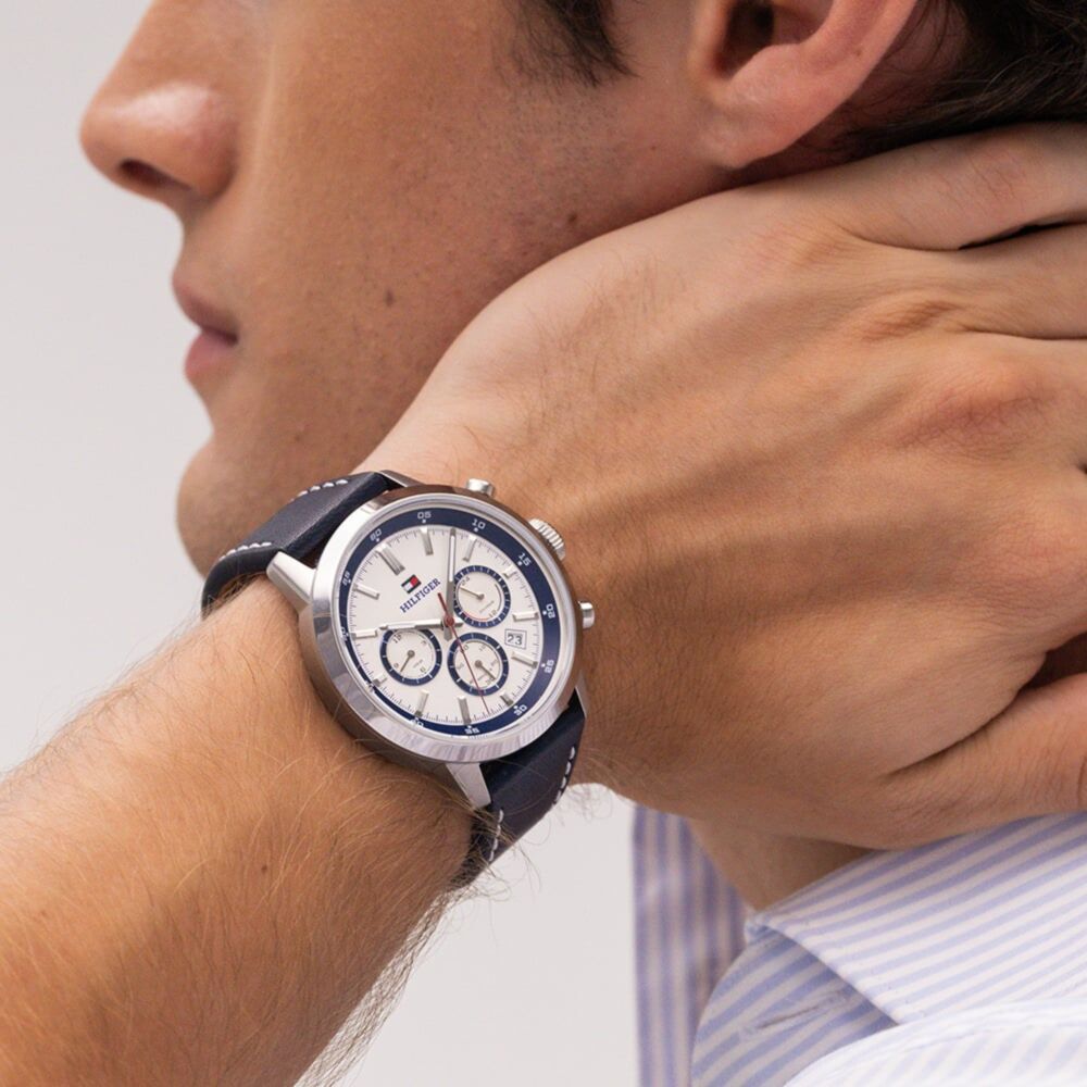 Tommy Hilfiger Mens Kent Chronograph Blue Leather Strap Watch
