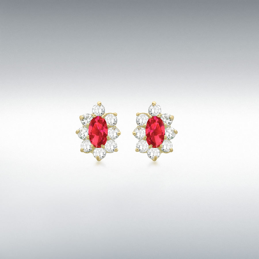 9ct Yellow Gold Oval Red and White CZ Flower Cluster Stud Earrings