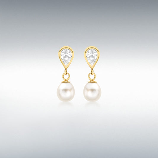 9ct Yellow Gold Freshwater Pearl and CZ Teardrop Earrings