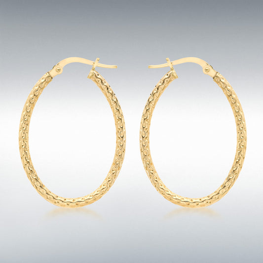 9ct Yellow Gold Diamond Cut Oval Hoop Creole Earrings
