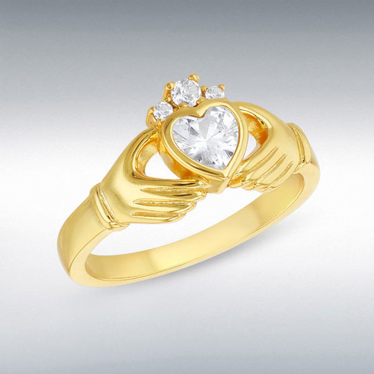 Sterling Silver Gold Plated Heart CZ Claddagh Ring