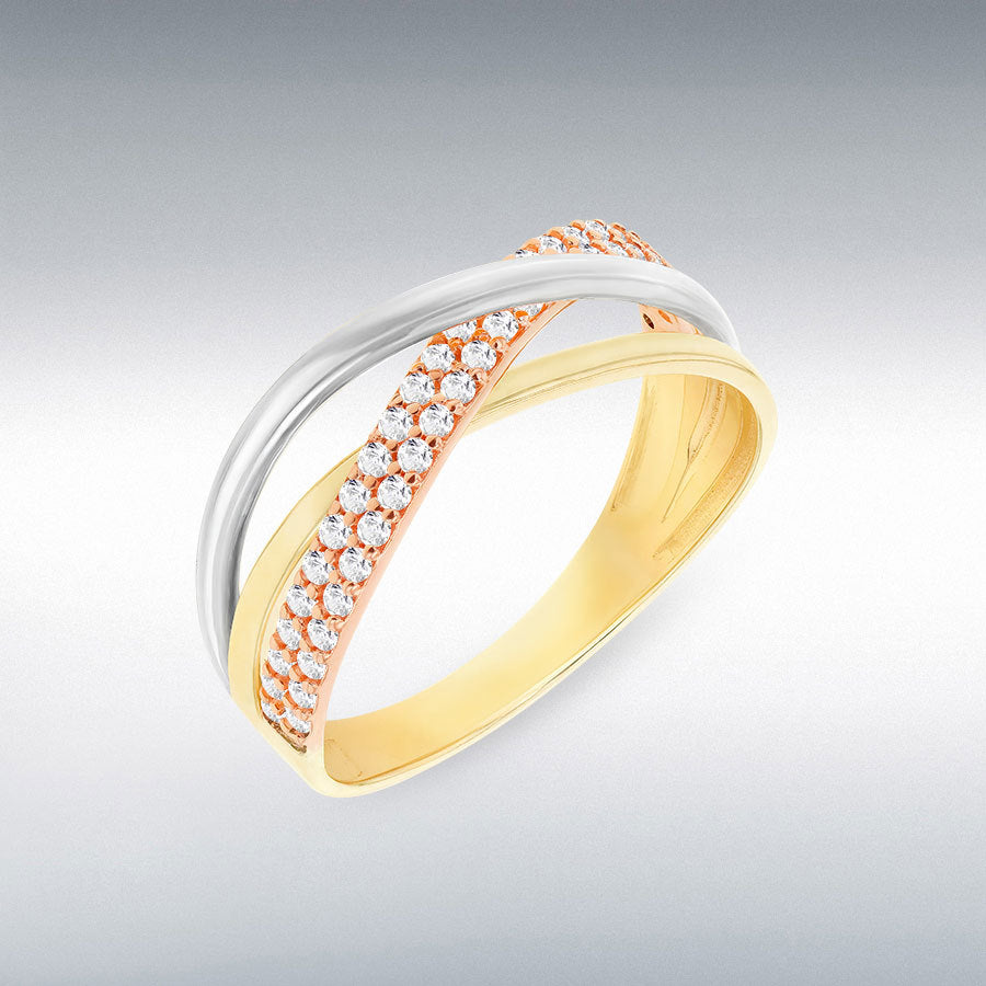 9ct 3-Colour Gold CZ Crossover Ring