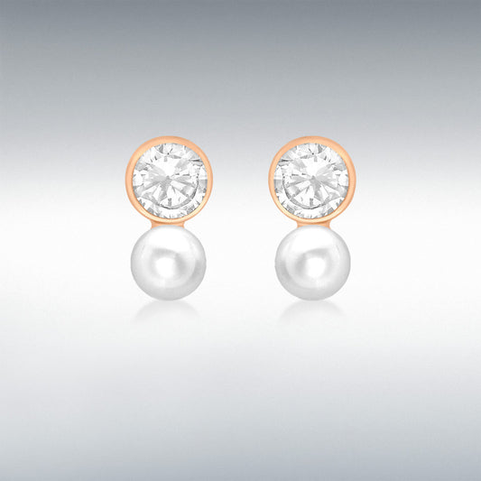 9ct Rose Gold CZ and Freshwater Pearl Drop Earrings