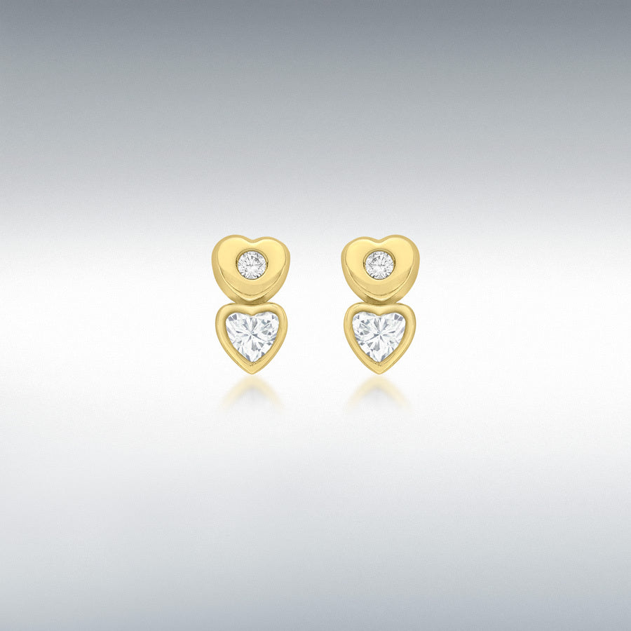 9ct Yellow Gold CZ Double-Heart Stud Earrings