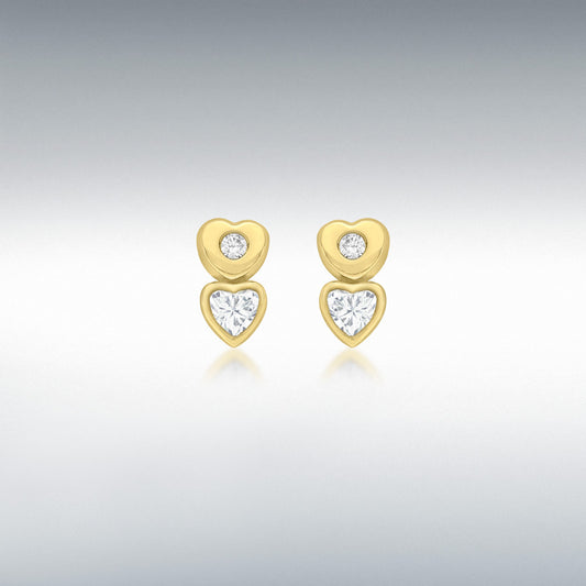 9ct Yellow Gold CZ Double-Heart Stud Earrings