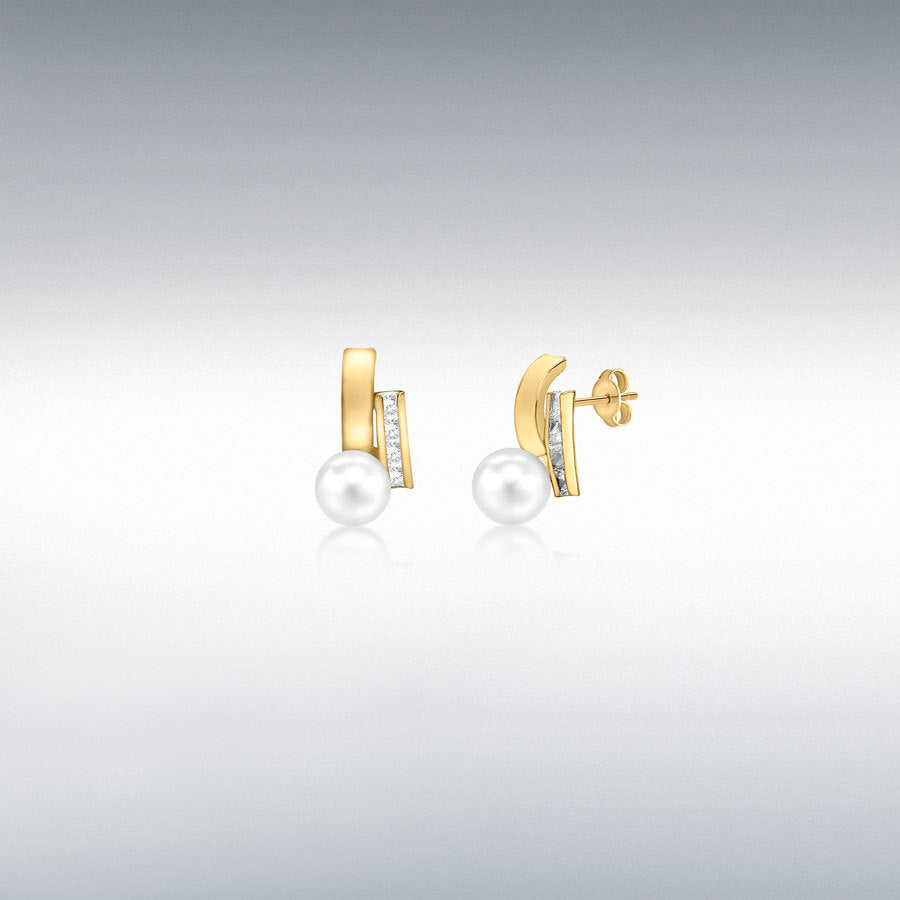9ct Yellow Gold CZ and Freshwater Pearl  Stud Earrings