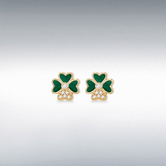 9ct Yellow Gold Synthetic Malachite and CZ Clover Stud Earrings